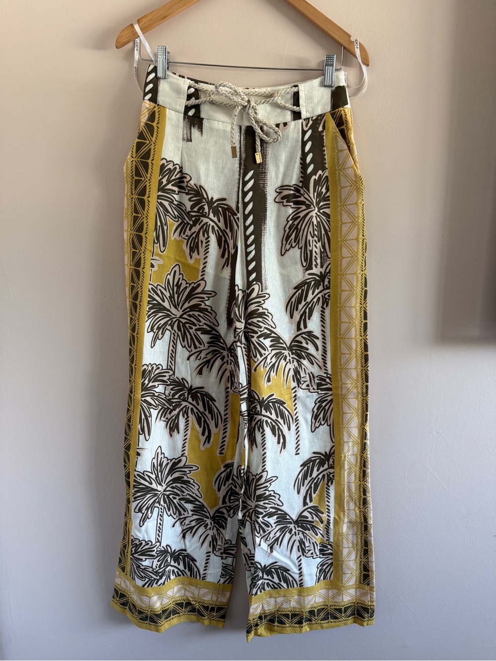 Tropical Wide-Leg Pants with Drawstring Waist in Yellow, Cream & Brown